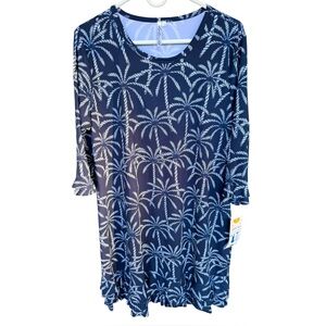 Lulu B Medium Knee Length 3/4 Sleeve Dress Navy Blue White Palm Trees UPF 50